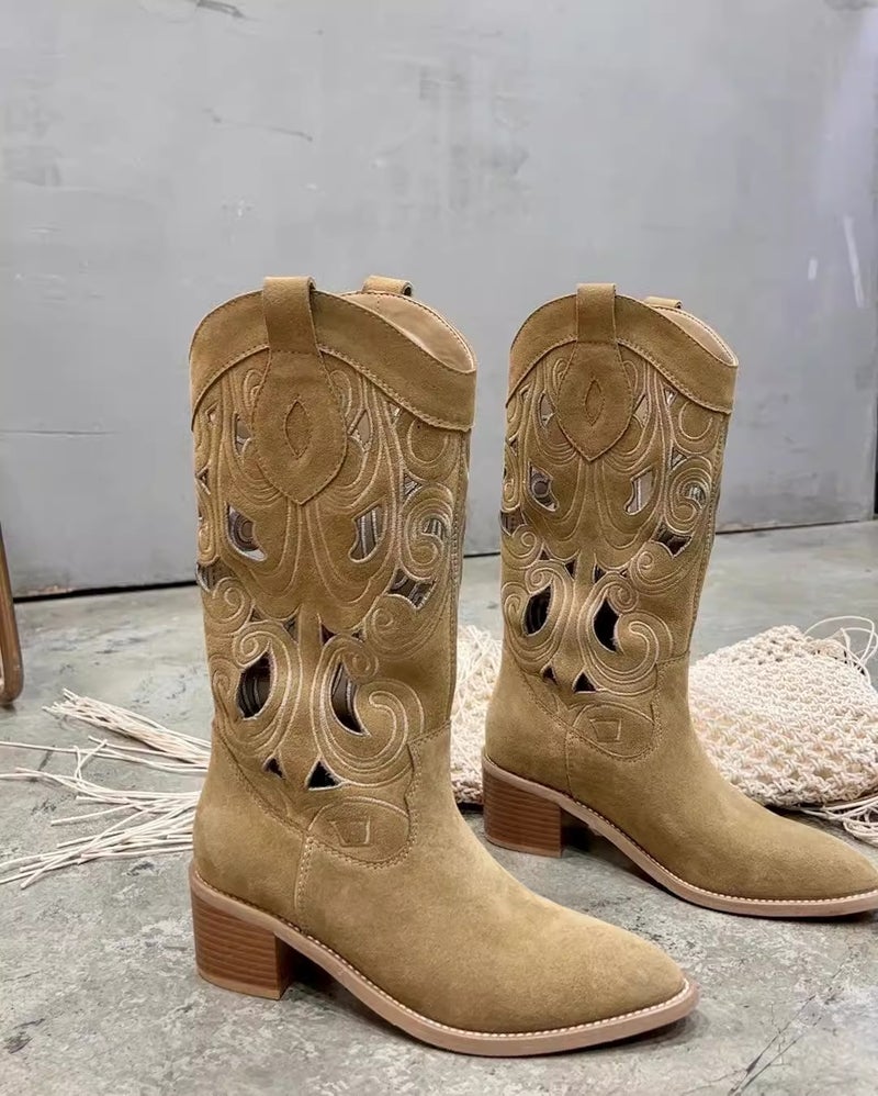 Arrival Summer Suede Cowboy Boots – Hollow Embroidered Pointed Toe for Women - Image 1