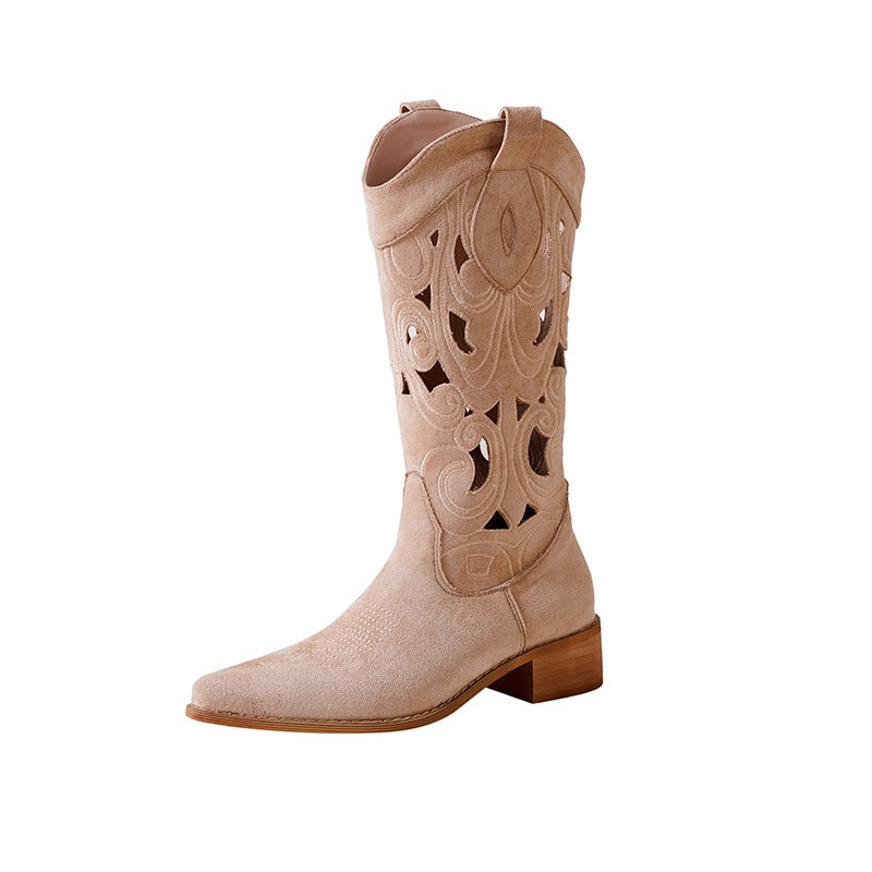 Arrival Summer Suede Cowboy Boots – Hollow Embroidered Pointed Toe for Women - Image 4
