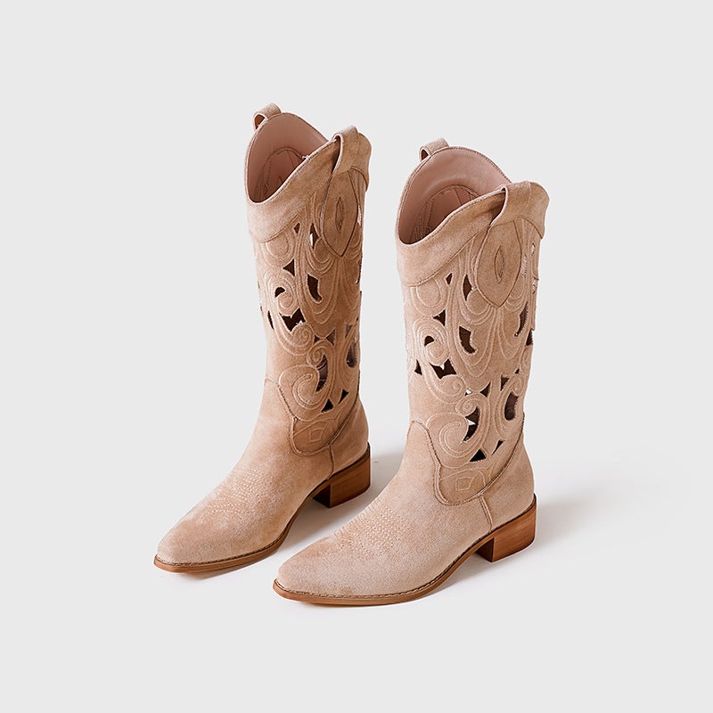 Arrival Summer Suede Cowboy Boots – Hollow Embroidered Pointed Toe for Women - Image 3