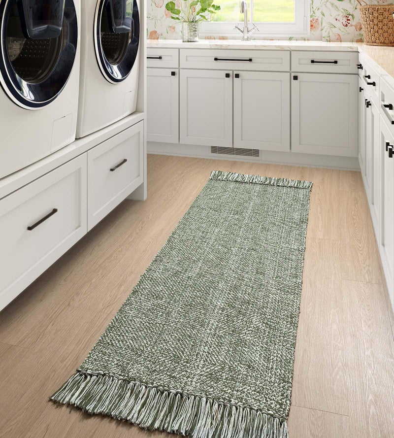 Collive Hallway Runner Rug, 2' x 5' Soft Washable Kitchen Runner Rug, Olive Green/Cream Contemporary Modern Laundry Room Rugs Indoor Hand-Woven Cotton Carpet for Bedroom Entryway Front Door Farmhouse - Image 2