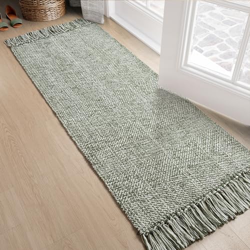Collive Hallway Runner Rug, 2' x 5' Soft Washable Kitchen Runner Rug, Olive Green/Cream Contemporary Modern Laundry Room Rugs Indoor Hand-Woven Cotton Carpet for Bedroom Entryway Front Door Farmhouse - Image 1