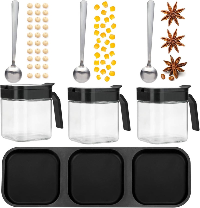 Mlici Condiment Jar Spice Container with Lids and Spoons, 8.6oz Clear Glass Condiment Canisters Pots Seasoning Box Salt Container Sugar Bowl Set of 3 for Kitchen, Containers, Black - Image 4
