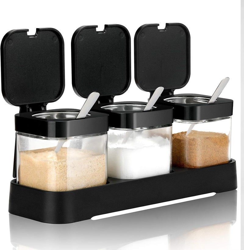 Mlici Condiment Jar Spice Container with Lids and Spoons, 8.6oz Clear Glass Condiment Canisters Pots Seasoning Box Salt Container Sugar Bowl Set of 3 for Kitchen, Containers, Black - Image 1