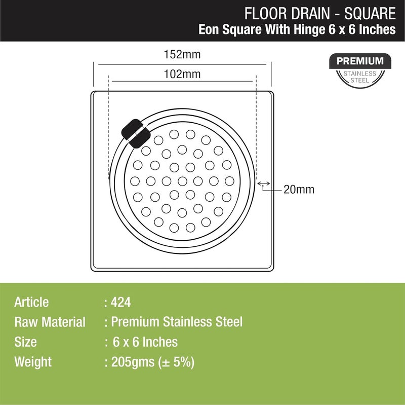 Lipka LIPKA Eon Square Floor Drain Premium Stainless Steel 6 x 6 Inches with Hinge - Image 2