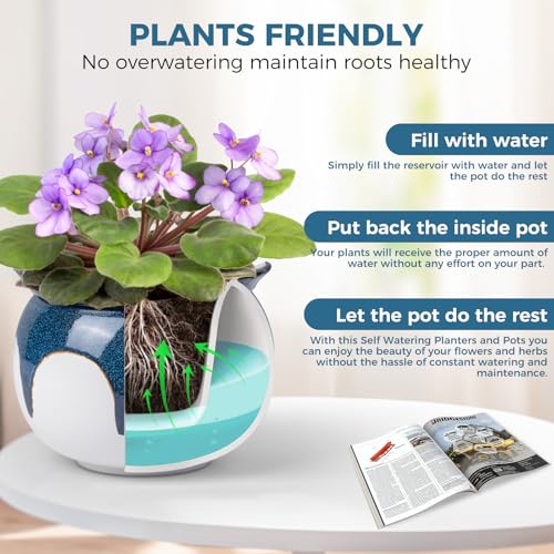BUYMAX African Violet Pots, 6 inch Ceramic Easy Self Watering Plant Pot for Busy Plant Lovers, Automatically Absorb Appropriate Amount of Water, Flower Pot Indoor-Plants Not Included(Blue) - Image 2