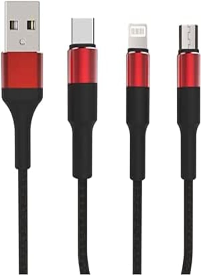 Keendex KX 2463 3 in 1 Fast Charging and Data Transfer Cable for Type-C, Micro and iPhone, 1.2 Meters- Multi Colours, lightning