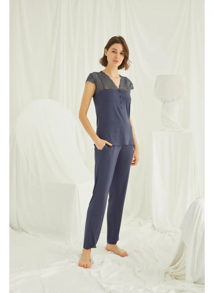 Monamise Women's Pajama Set with Lace Collar, Sleeves and Shoulders, Buttoned Front