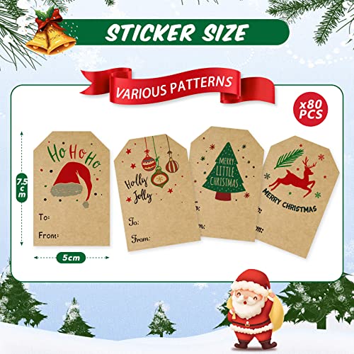 Nestcode Kraft Paper Christmas Stickers - 2 * 3 Inch, 80 PCS Per Roll, 4 Designs, Decorative Labels for Presents & Gifts - Image 2