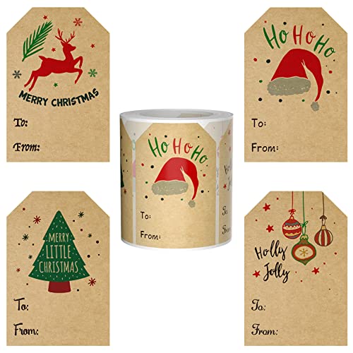 Nestcode Kraft Paper Christmas Stickers - 2 * 3 Inch, 80 PCS Per Roll, 4 Designs, Decorative Labels for Presents & Gifts - Image 1