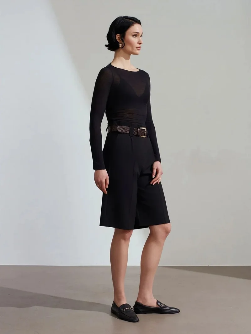 ديلفين Dilvin High-Waist Belted Wide-Leg Tailored Shorts