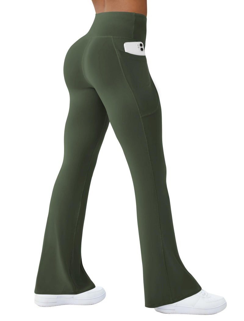 COPYLEAF Womens Yoga Pants with Pockets High Waisted Flare Leggings Bell Bottom Yoga Dress Pants Seamless Bootcut Pants(Olive Green L) - Image 1