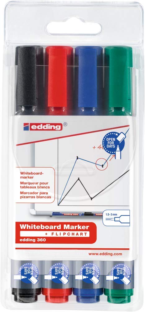 edding 360 whiteboardmarker set - zwart, rood, blauw, groen - 4 whiteboardstiften - ronde punt 1,5 - 3 mm - boardmarker uitwisbaar - voor whiteboard, flipchart, prikbord, memobord - navulbaar - Image 2