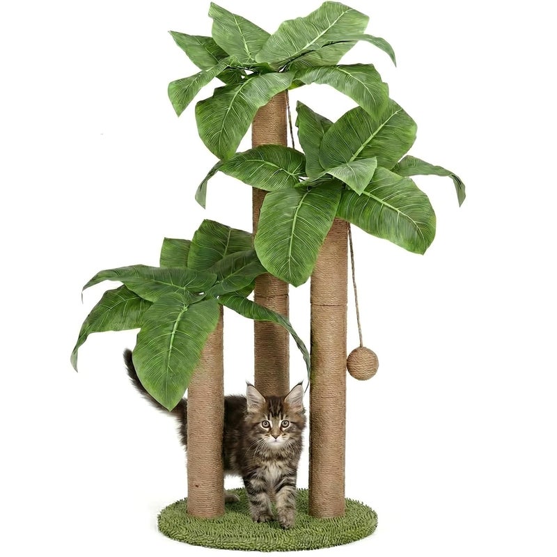 LEMONDA 31.5Inch Cat Scratching Post,Cat Scratcher Tree with 3 Scratching Poles & 2 Interactive Dangling Balls,Cats Scratching Posts for Indoor Kitten & Adult Cats - Image 1