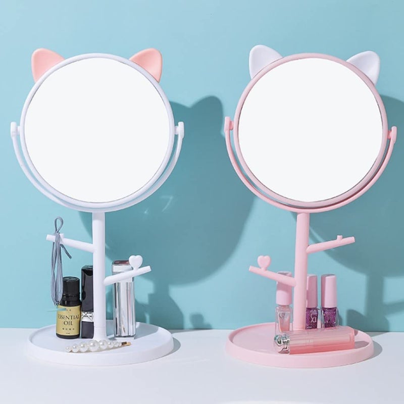aDai Plastic Detachable Cat Mirror Cute Round Makeup Mirror with 360 Swivel Framed Vanity Bathroom Mirror for Dressing Table Dresser Mount White 1Pcs - Image 2