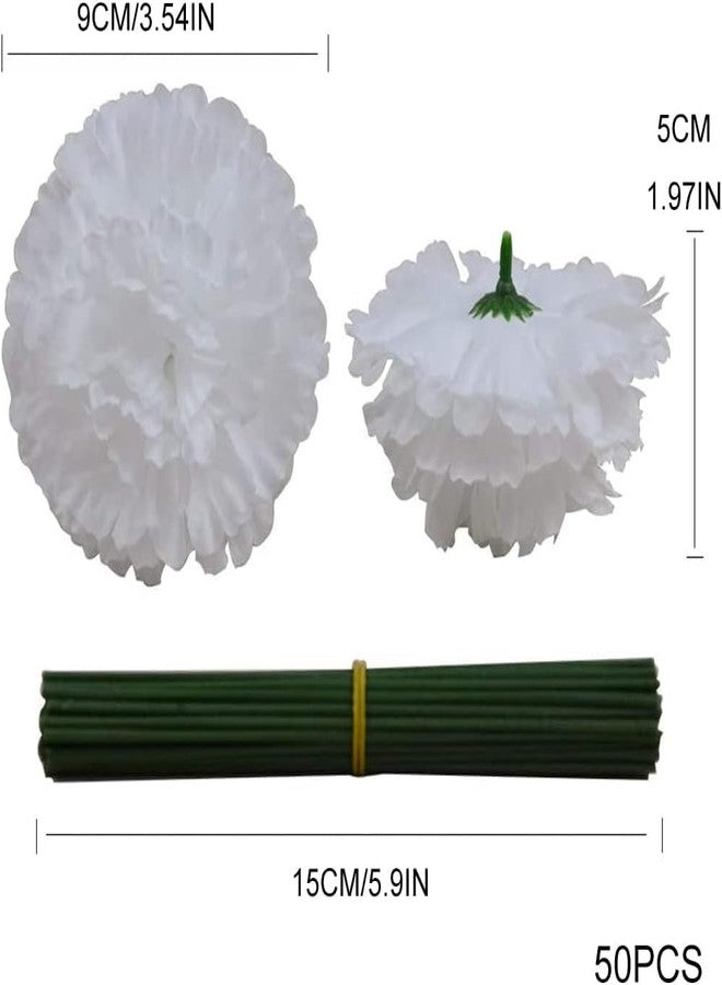 Homenique Silk Carnation Flower, 50 Artificial Flowers, Used for Wedding Decoration DIY Handmade Flowers, Carnation Flower Diameter 3.5 Inches and 6 Inches Stem (White) - Image 2