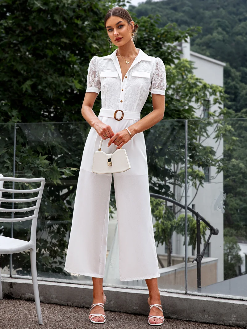 Simplee Lapel Short Sleeve Top & Wide Leg Trousers Set, Waist Belt, Casual Office Co-ord Set