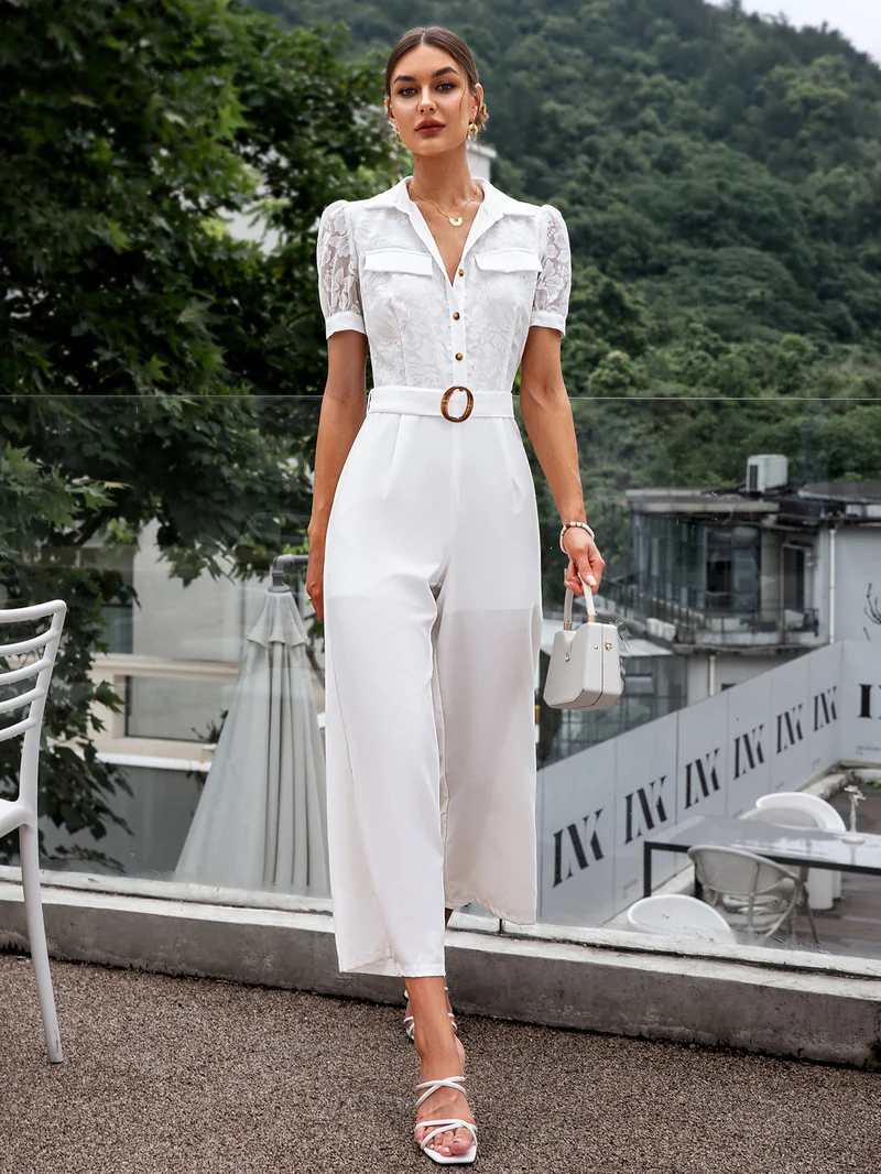 Simplee Lapel Short Sleeve Top & Wide Leg Trousers Set, Waist Belt, Casual Office Co-ord Set