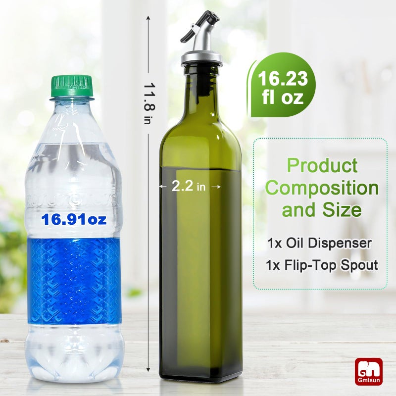 GMISUN Olive Oil Dispenser Bottle 1 Pack, Olive Oil Dispenser for Kitchen 17oz, Glass Cooking Soy Sauce Bottle Container Cruet with Plastic Pourer Spout, Green - Image 2