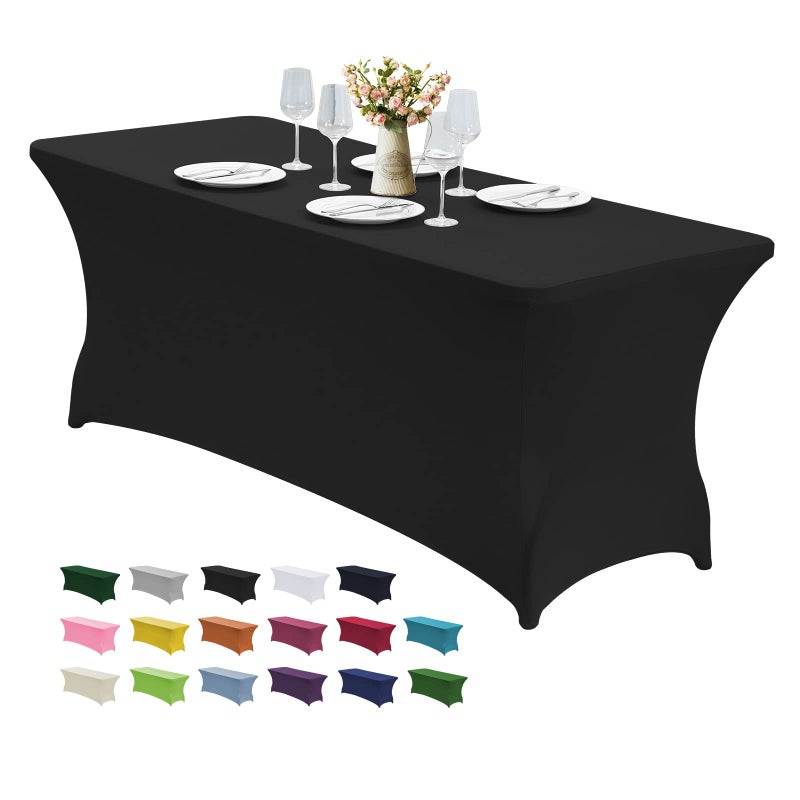 CWK 6FT Waterproof Stretch Spandex Table Cover for Rectangular Tables - Elastic Fitted Tablecloth for Folding Tables,Wrinkle Resistant Table Cloth for Parties, Weddings, Banquets & Events (Black) - Image 1