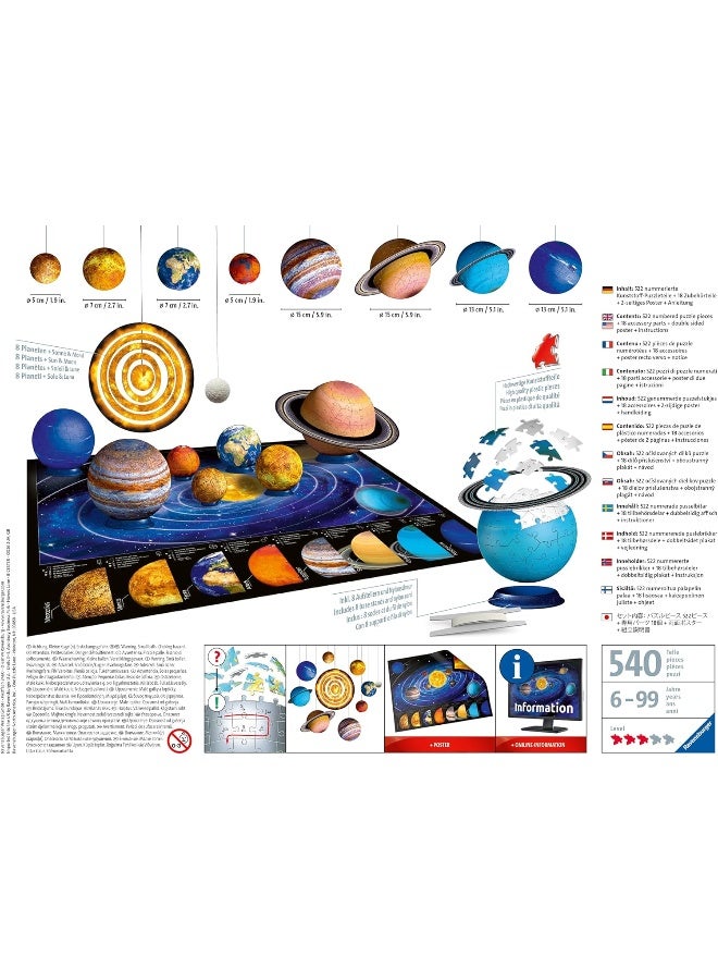 Ravensburger بازل نظام الشمس الكوكبي ثلاثي الأبعاد من رافينسبورجر - مجموعة بازل ثلاثي الأبعاد مكونة من 540 قطعة مع 8 كواكب مقياس، قواعد، موبايل شمس وملصق - مجموعة تعليمية في علم الفلك للأعمار 6+ | 11668-3 - Image 3