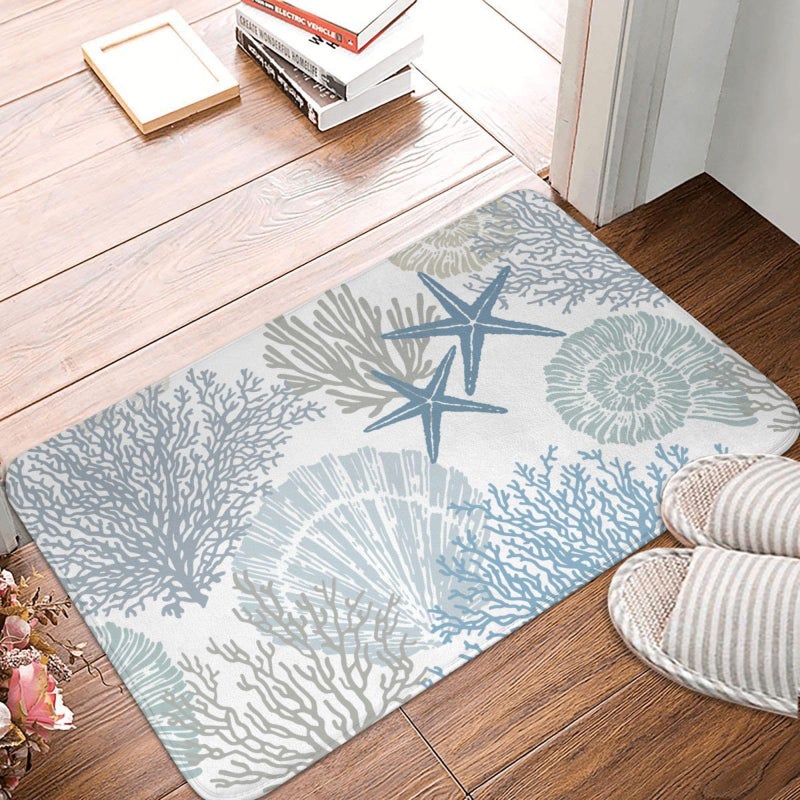 Coastal Beach Bath Mats for Bathroom Decor Seashells Starfish Absorbent Bath Rug NonSlip Floor Rug Carpets for Kitchen Bathroom Laundry Bedroom Living Room