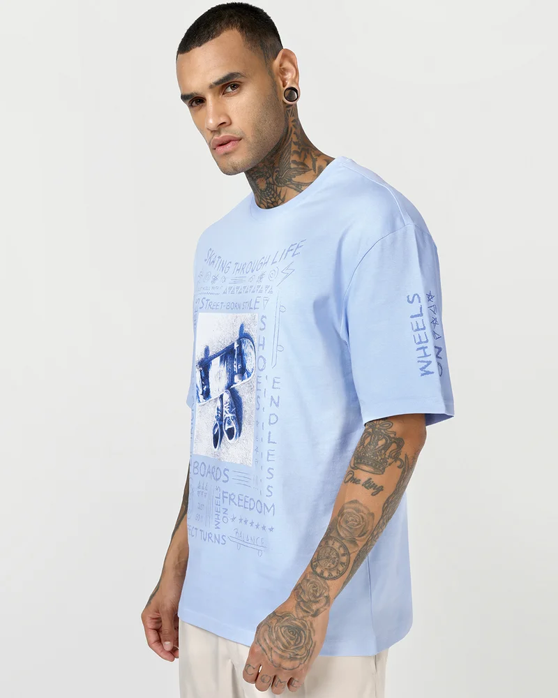 بيواكوف Men's Windsurfer Blue Street Born Graphic Printed Oversized T-shirt