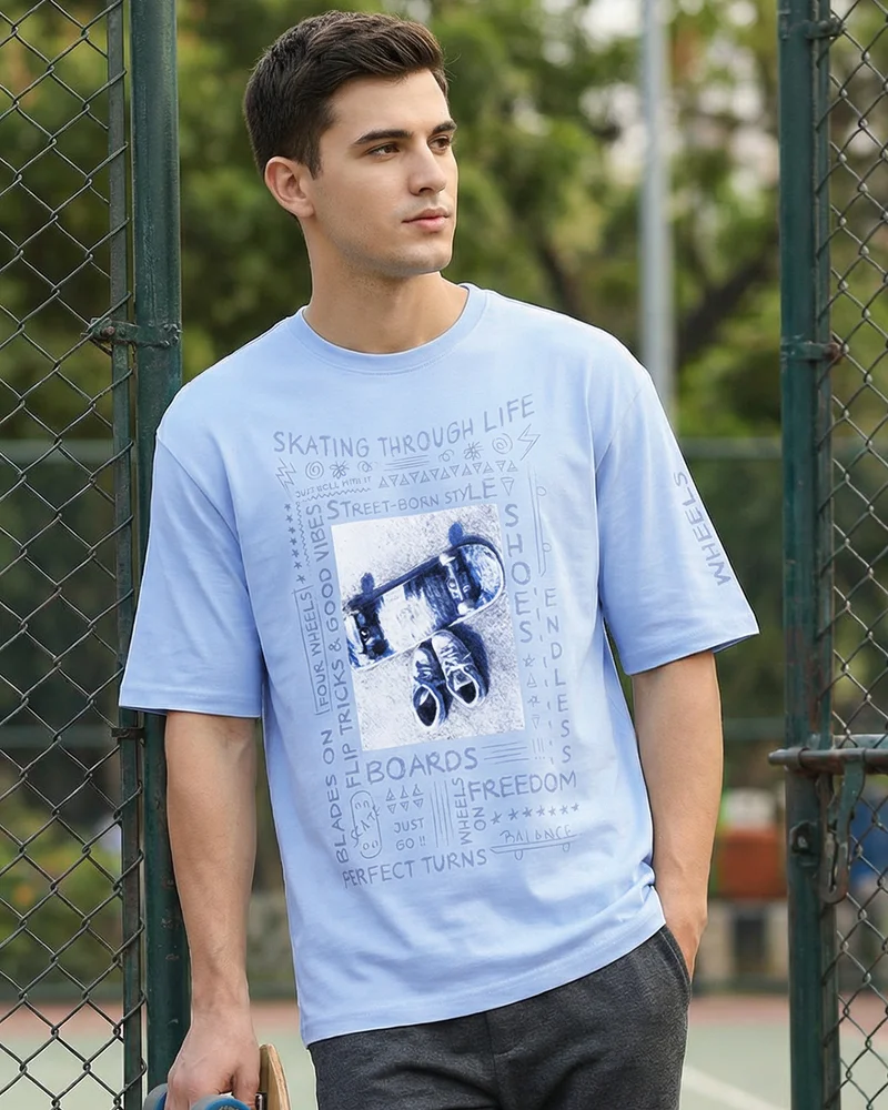 بيواكوف Men's Windsurfer Blue Street Born Graphic Printed Oversized T-shirt