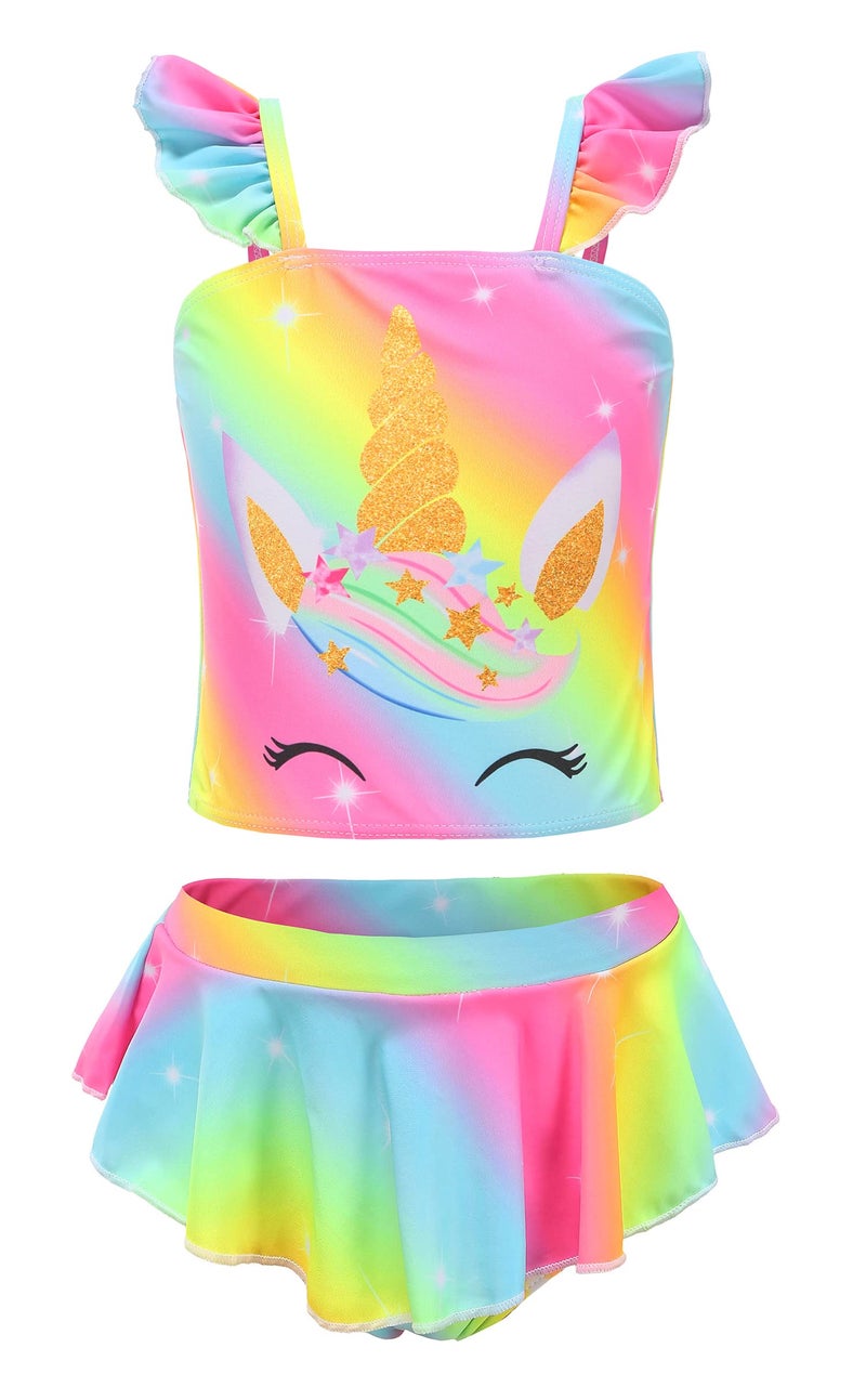 Akokvlar Two Pieces Swimsuit Mermaid Bikinis Tankini Bathing Suit for Little Girls (7 Years, Rainbow Unicorn) - Image 1