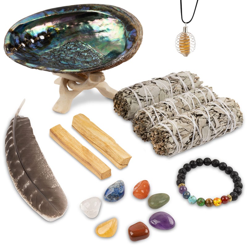 Wish Well Wish Well Sage Smudge Kit  3 White Sage Sticks 2 Palo Santo Sticks Abalone Shell Stand Smudging Feather 7 Chakra Stones  Crystal Bracelet  Sage Incense Sticks for Cleansing House  Meditation