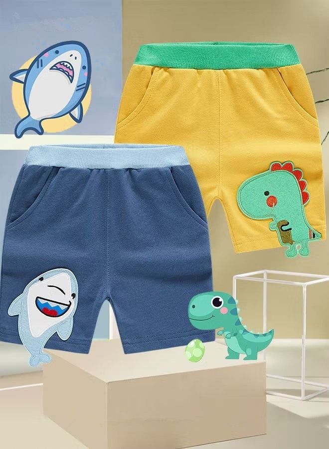 NIBEMINENT Pack of 2 Boy's Shorts Kid's Pure Cotton Clothing Toddlers Cartoon Dinosaur Shark Graphic Casual Bottoms Knitted Pants Sets Daily Outfit Blue/Yellow  - Image 1