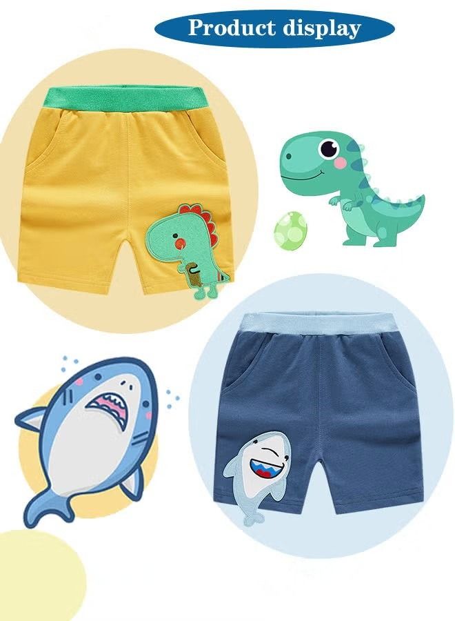 NIBEMINENT Pack of 2 Boy's Shorts Kid's Pure Cotton Clothing Toddlers Cartoon Dinosaur Shark Graphic Casual Bottoms Knitted Pants Sets Daily Outfit Blue/Yellow  - Image 3