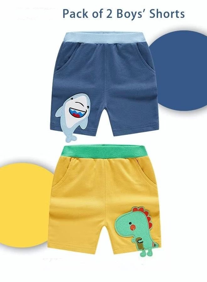 NIBEMINENT Pack of 2 Boy's Shorts Kid's Pure Cotton Clothing Toddlers Cartoon Dinosaur Shark Graphic Casual Bottoms Knitted Pants Sets Daily Outfit Blue/Yellow  - Image 2