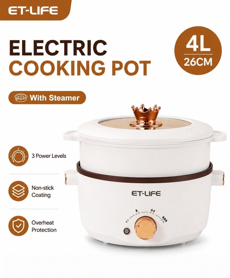 ET-LIFE Electric Hot Pot with Steamer, 4L Multifunctional Non-Stick Electric Cooker Egg Cooker, for Stir Fry/Stew/Steam, Perfect for Noodles/Soup/Egg/Oatmeal 1000W SC-28OD White - Image 1