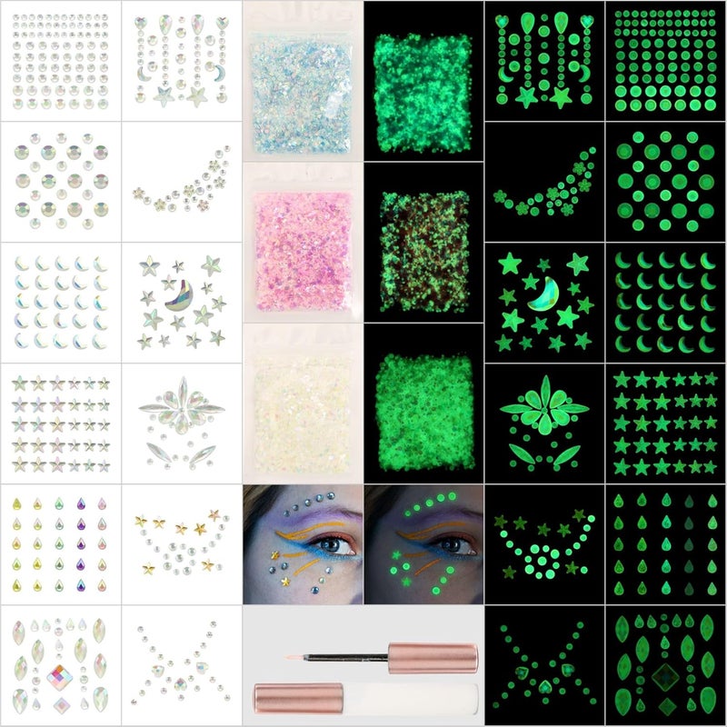 DECOYARDOO Noctilucent Face Gems, 12Pcs Luminous Face Jewels Rhinestones Stickers and 15g Chunky Glitter Glow in The Dark for Face Eye Glow Make up Festival Dress-up Face Jewelry Rave Accessories Party Supplies