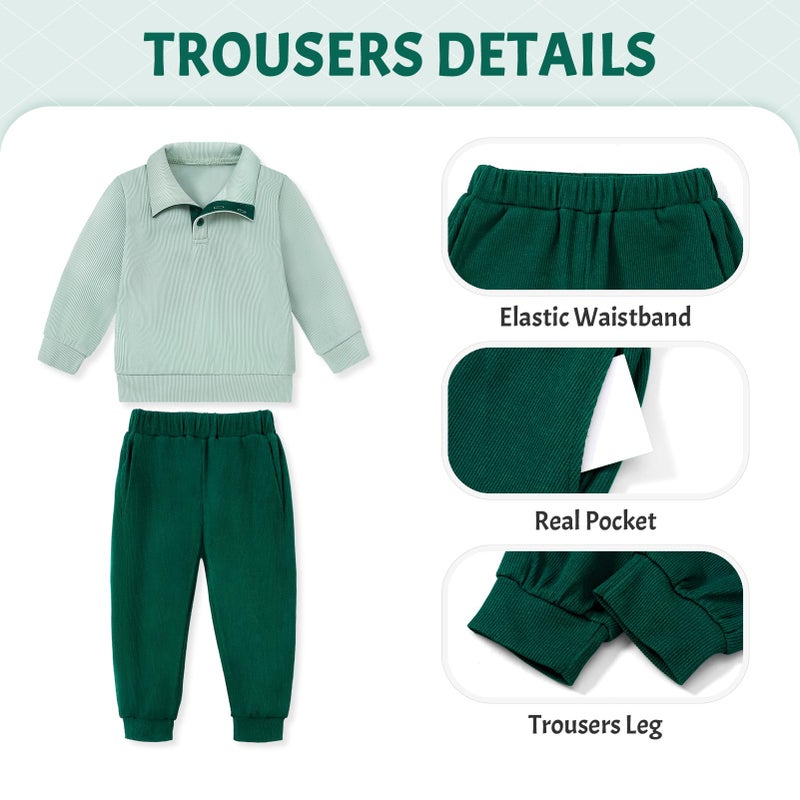 YUEMION 12-18 Months Toddler Boy Clothes 2PCS Fall Winter Baby Boy Outfit Long Sleeve Solid Sweatshirt +Pants Sweatsuit Clothing Set (Light green + dark green) - Image 3