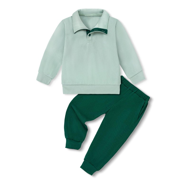 YUEMION 12-18 Months Toddler Boy Clothes 2PCS Fall Winter Baby Boy Outfit Long Sleeve Solid Sweatshirt +Pants Sweatsuit Clothing Set (Light green + dark green) - Image 1