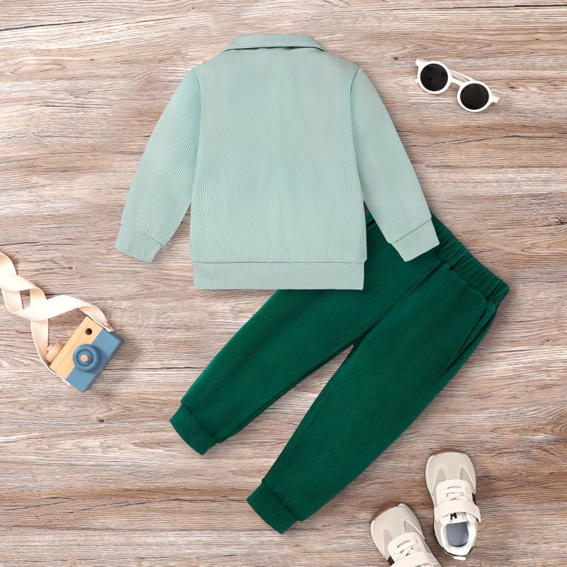 YUEMION 12-18 Months Toddler Boy Clothes 2PCS Fall Winter Baby Boy Outfit Long Sleeve Solid Sweatshirt +Pants Sweatsuit Clothing Set (Light green + dark green) - Image 5