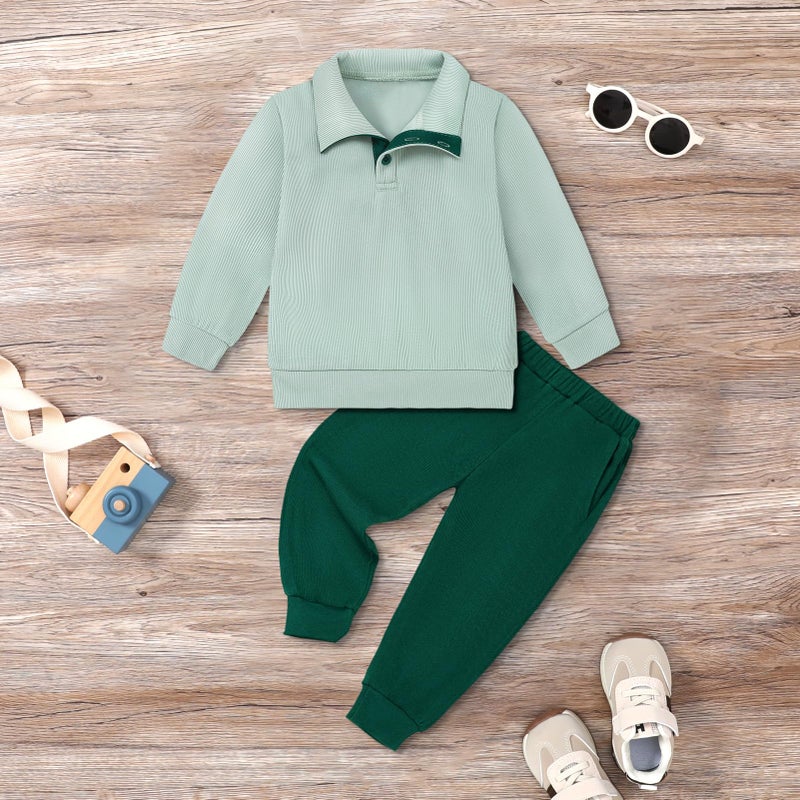 YUEMION 12-18 Months Toddler Boy Clothes 2PCS Fall Winter Baby Boy Outfit Long Sleeve Solid Sweatshirt +Pants Sweatsuit Clothing Set (Light green + dark green) - Image 4