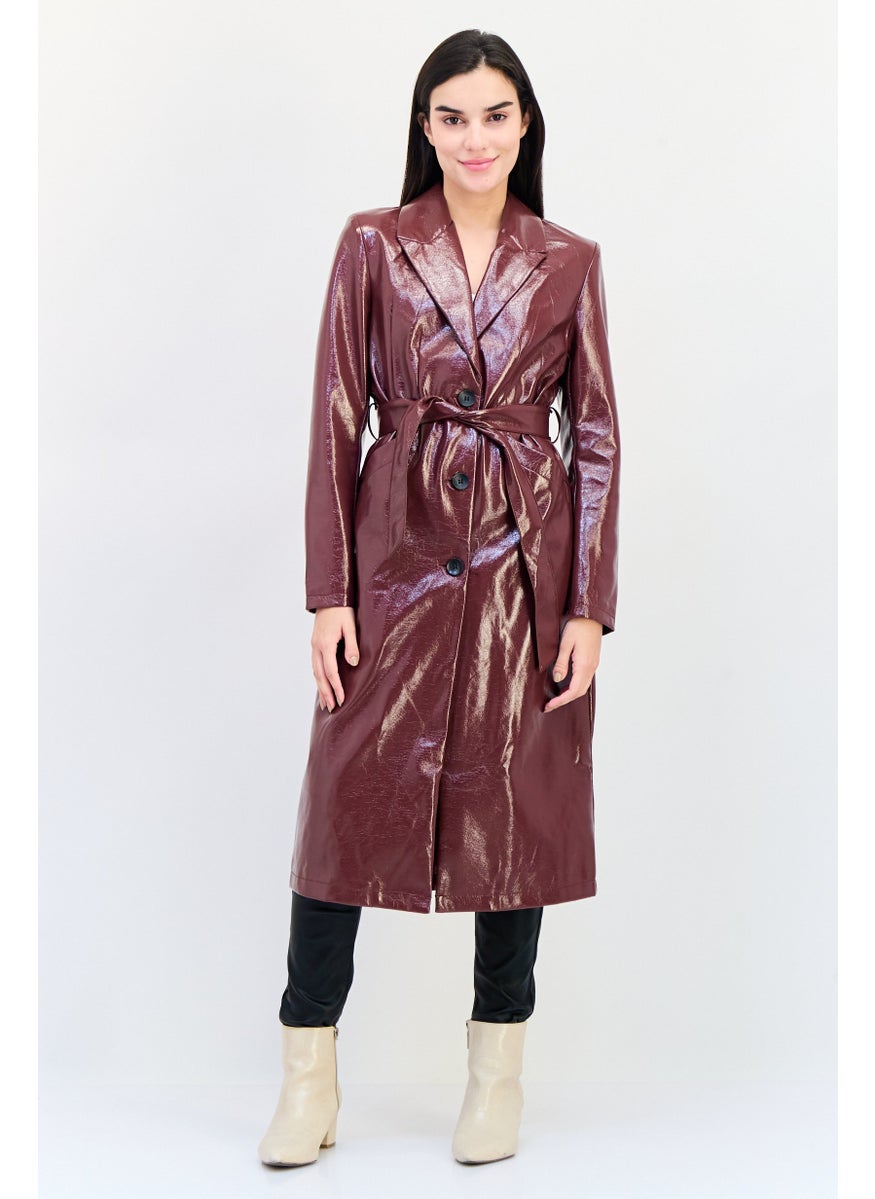 Pimkie Women Solid Leather Trench Coat, Burgundy  - Image 1