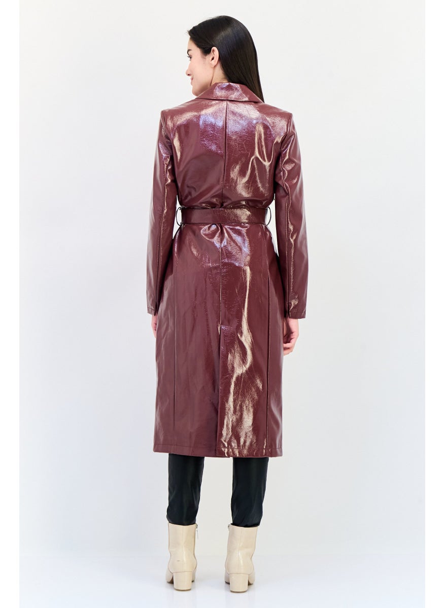 Pimkie Women Solid Leather Trench Coat, Burgundy  - Image 4
