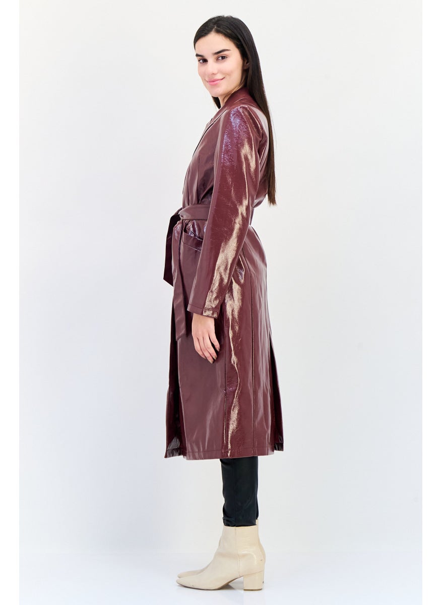 Pimkie Women Solid Leather Trench Coat, Burgundy  - Image 2