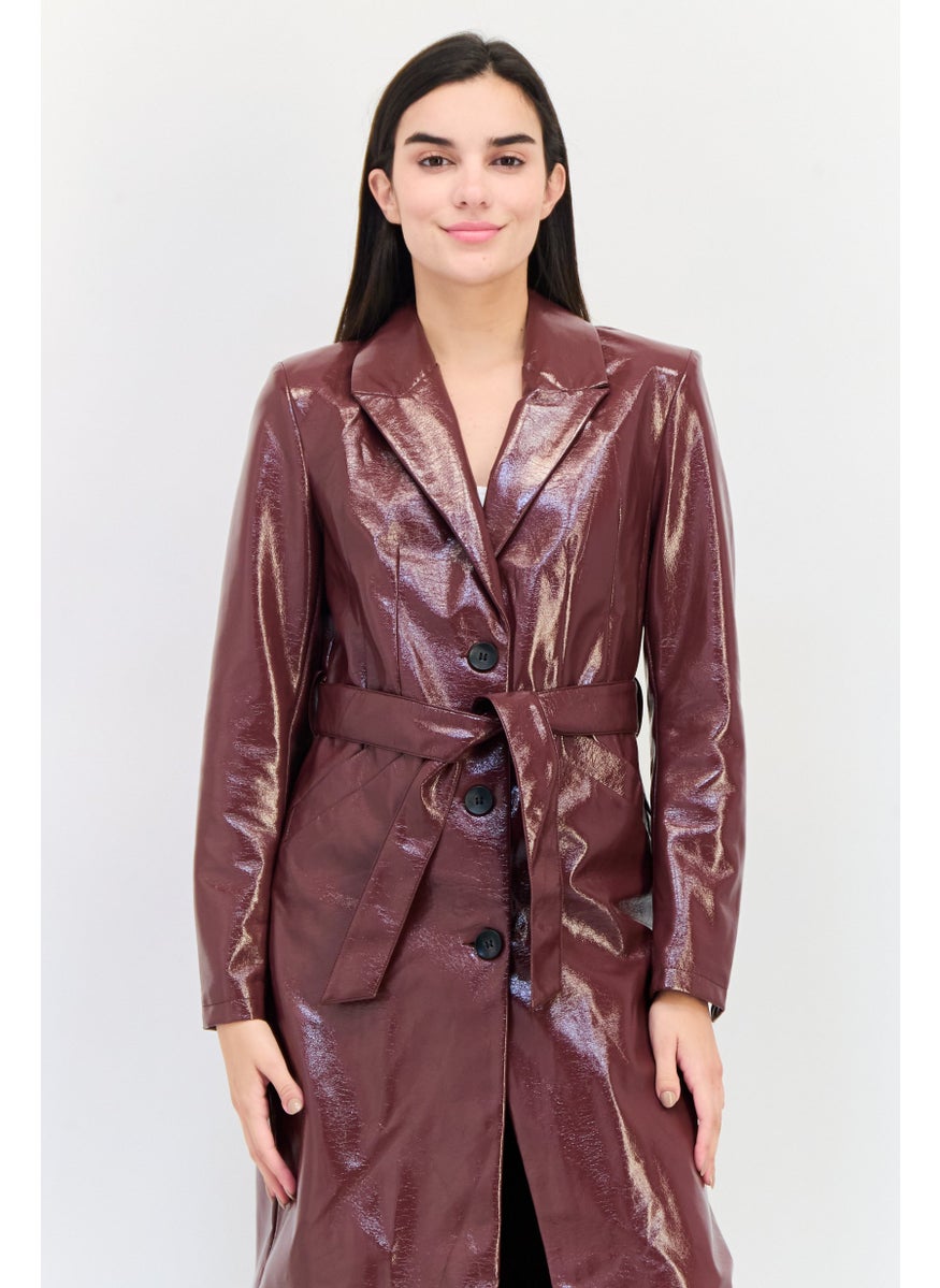 Pimkie Women Solid Leather Trench Coat, Burgundy  - Image 3