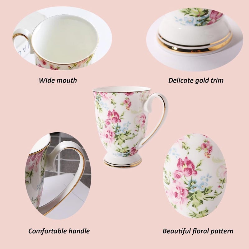 MIATTCLD Floral Coffee Mug Bone China Tea Mugs for Women 10 oz Porcelain Coffee Mugs Ceramic Tea Cup Teacups with Handle Gift for Mom Friends Home Office - Image 3