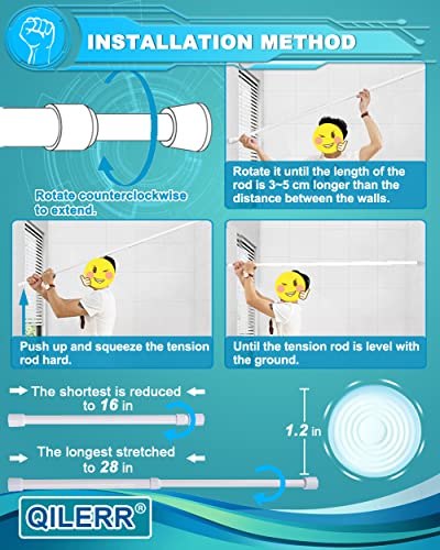 QILERR Short Tension Rod 16 to 28 Inche Small Shower Curtain Rods No Drilling Adjustable Heavy Duty Extension Loaded Spring Tension Rod for Windows, Closets, Curtains, 7/8" Diameter, White - Image 4