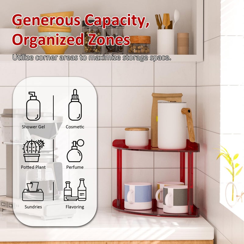Sezanrpt 2 Tier Acrylic Corner Shelf Organizer Storage 9.5x9.5x8 Inch, Red Countertop Corner Shelf for Bathroom, Kitchen, Bedroom, Office, Study Room - Image 3