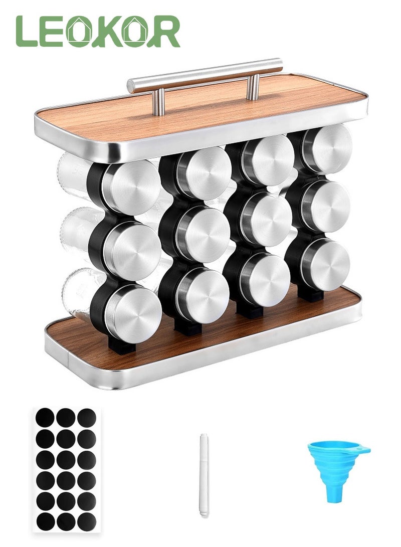 LEOKOR 12 Pcs Spice Jars Set with Spice Rack, Spice Rack Organizer Seasoning Rack for Kitchen Countertop Stainless Steel Spice Rack with Funnel and Spice Labels - Image 1