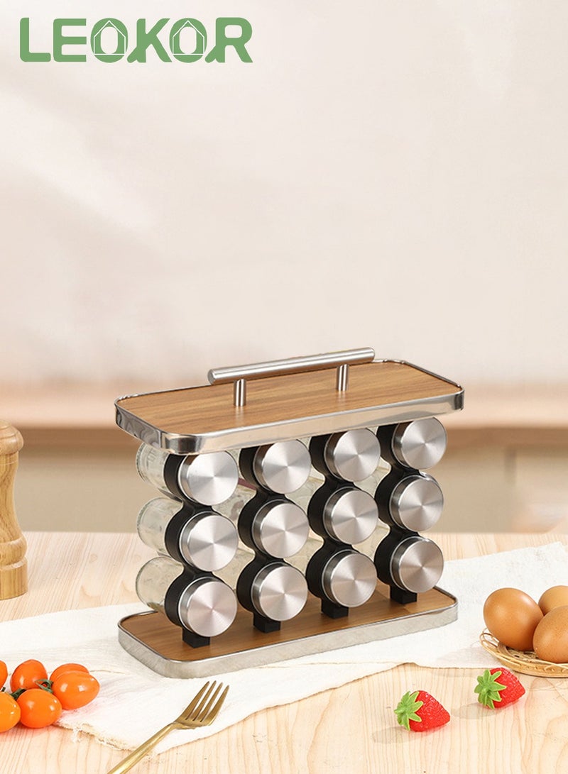LEOKOR 12 Pcs Spice Jars Set with Spice Rack, Spice Rack Organizer Seasoning Rack for Kitchen Countertop Stainless Steel Spice Rack with Funnel and Spice Labels - Image 2