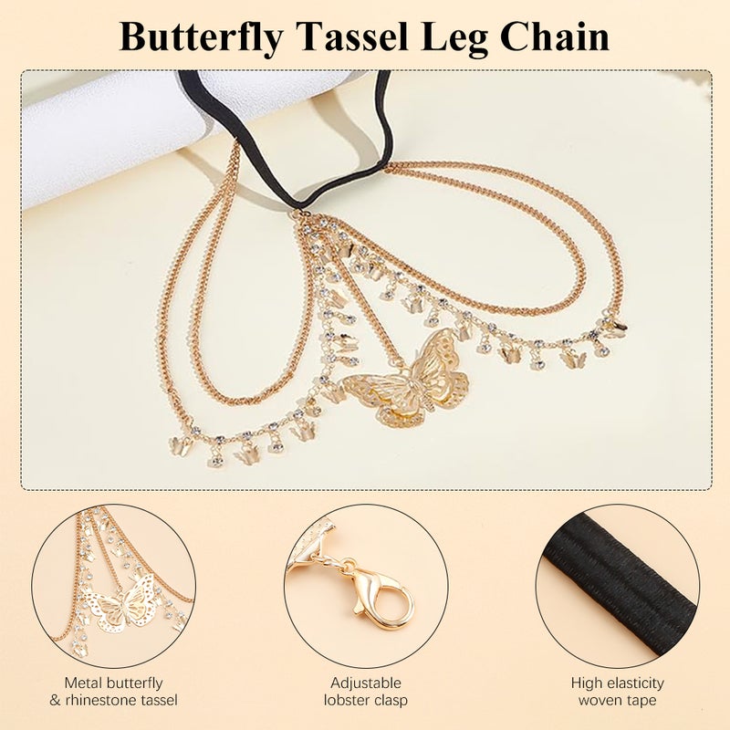 HANNEA® Adjustable Thigh Chain for Women Crystal Leg Chain Jewelry Rhinestone Butterfly Leg Bracelets Elastic Tassel Bikini Beach Accessories Jewelry, One Size - Image 3