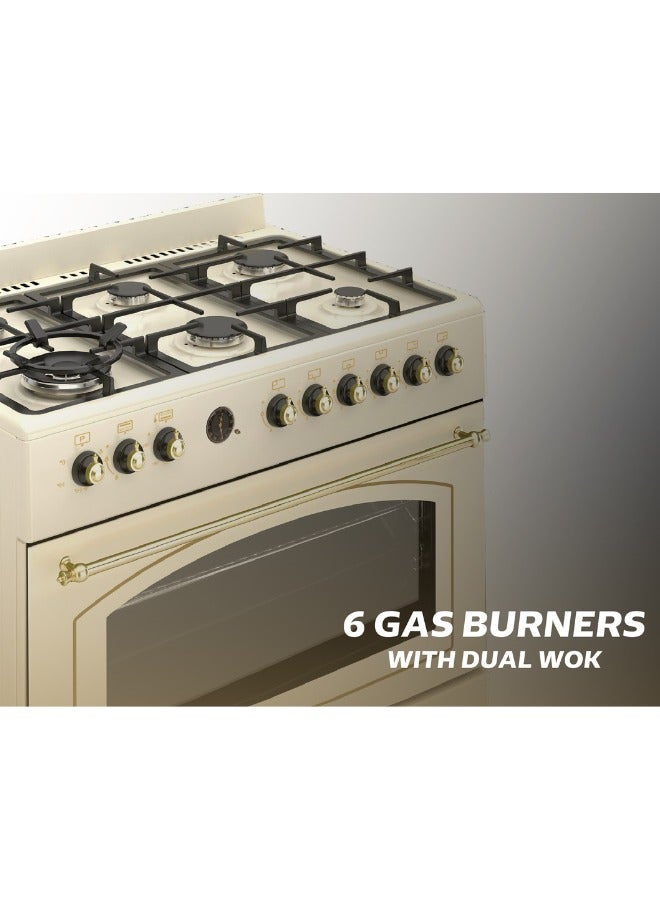 جينيرال جولد موقد غاز قائم من General Gold بمقاس 90x60 سم، 6 شعلات مع شعلتي ووك، فرن غاز وشواية بباب زجاجي ثلاثي، موقد ثقيل التحمل بميزة الإشعال التلقائي، نظام أمان كامل (FFD)، وشواية دوّارة مع مروحة تبريد - Image 2