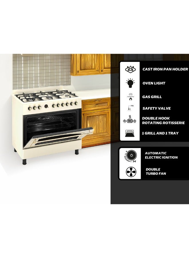 جينيرال جولد موقد غاز قائم من General Gold بمقاس 90x60 سم، 6 شعلات مع شعلتي ووك، فرن غاز وشواية بباب زجاجي ثلاثي، موقد ثقيل التحمل بميزة الإشعال التلقائي، نظام أمان كامل (FFD)، وشواية دوّارة مع مروحة تبريد - Image 3